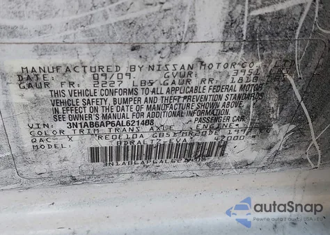 2010 Nissan Sentra 2.0Sr из США, поврежденный, VIN 3N1AB6AP6AL621408